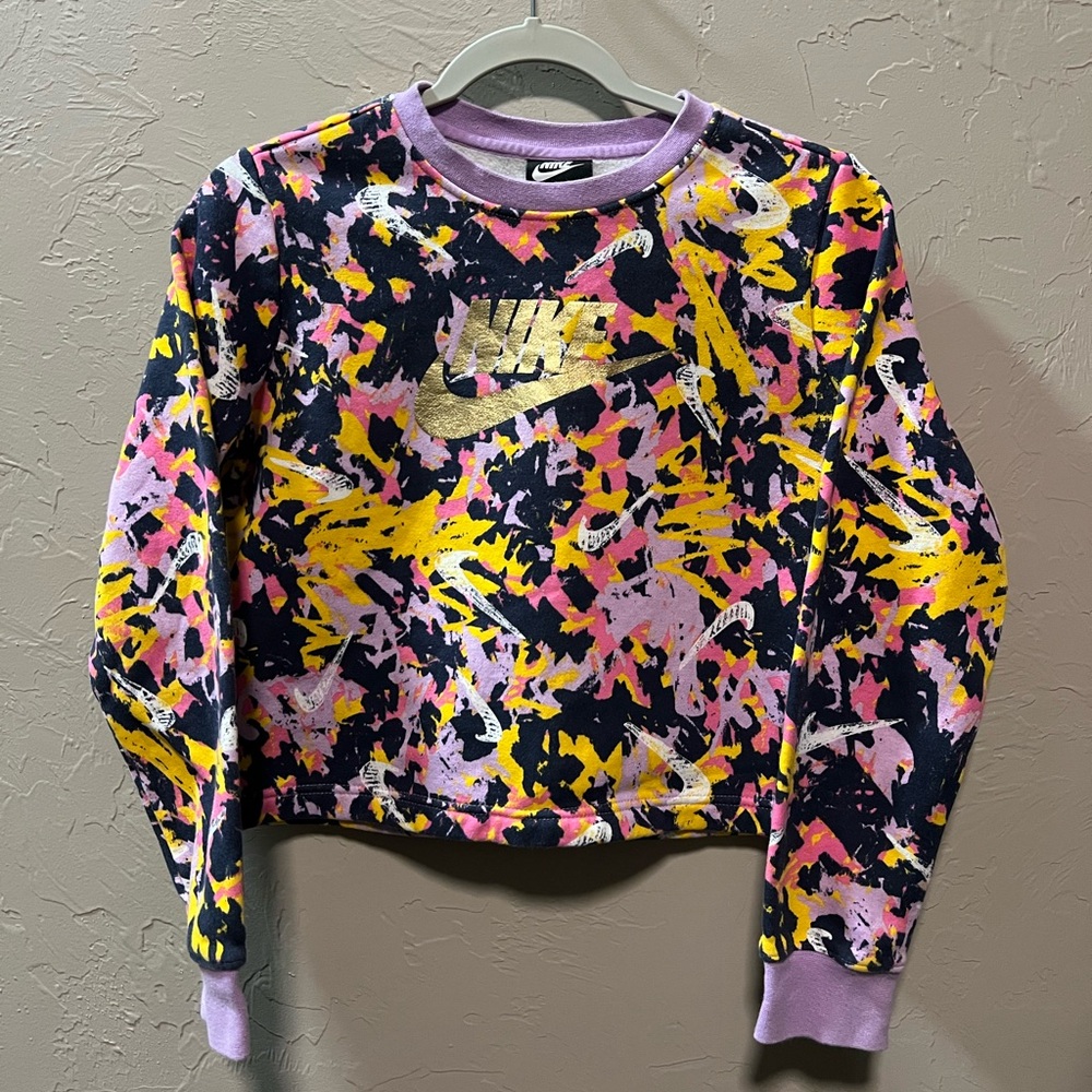 Girls Nike Gold Logo Sweatshirt with Pink and Yellow Accents